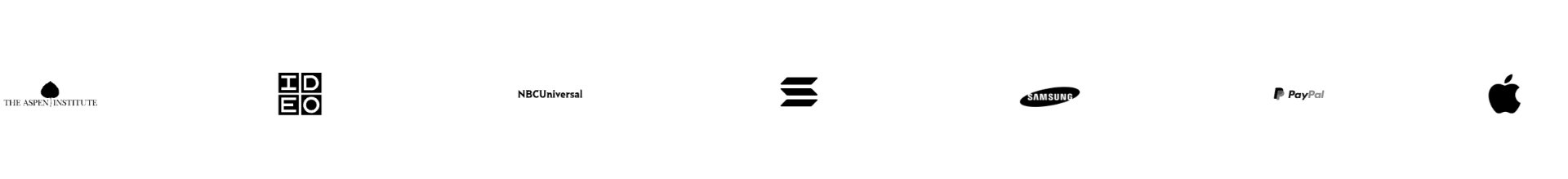 Client logos: The Aspen Institute, IDEO, NBCUniversal, Solana, Samsung, PayPal, Apple